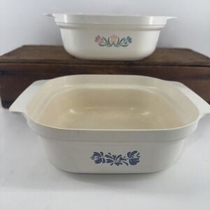 Anchor Hocking 2 1/2 Qt Microwave Dishes w/ Designs 2 - No Lids 8.75"x7.5 VTG